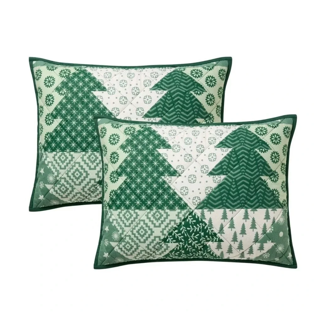 Hallmark Green Christmas Tree Patchwork Quilt Set Holiday Bedding w/ Shams